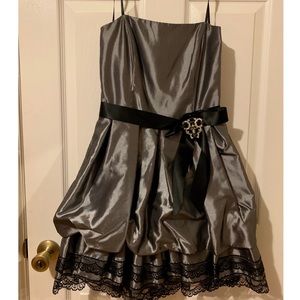 Silver, strapless prom dress